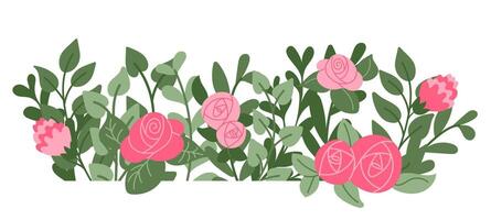 Floral border or horizontal banner with abstract stylized flowers. Hand drawn flat abstract plants and branches. Botanical natural background isolated on white background. vector