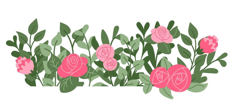 Floral border or horizontal banner with abstract stylized flowers. Hand drawn flat abstract plants and branches. Botanical natural background isolated on white background.