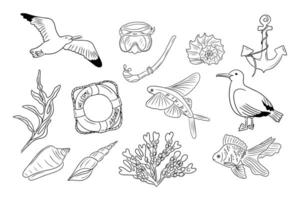 Summer underwater doodle contour set with sea life elements. Clipart of sketchy outline illustrations isolated on white background. Monochrome seaside vacation outline stickers vector