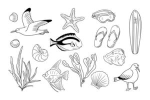 Summer doodle outline set with underwater items and sea animals. Clipart of sketchy contour illustrations isolated on white background. Monochrome seaside vacation outline stickers vector