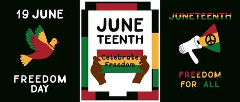 Set of Juneteenth poster with traditional symbols and African colors. flat hand drawn illustrations with text Freedom Day and Juneteenth. Vertical placards, banner for social media vector