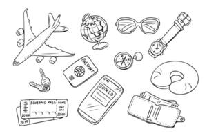 Travel contour doodle set with popular items. Collection of sketchy outline drawings isolate on white background. Monochrome summer vacation outline stickers vector