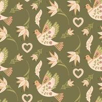 Animalistic vintage seamless pattern with abstract flowers and birds in folk style. Botanical fantasy flat illustration in boho style for wedding. Print design for textile or wallpaper vector