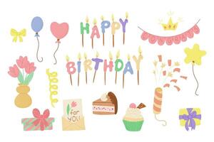 plano caramelo pastel de colores cumpleaños mano dibujado conjunto de artículos para niños fiesta con pastel y regalos. de moda texturizado ilustraciones aislado en blanco antecedentes vector