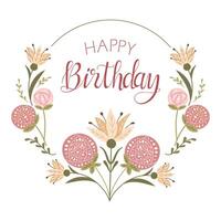 Birthday greeting card with symmetrical floral frame with abstract flowers and calligraphy text Happy birthday. Flat retro illustration in muted colors for greetings. Banner, card template isolated vector