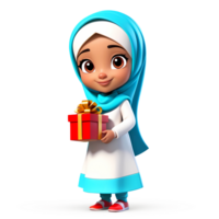 3d renderen weinig meisje in hijab tekenfilm karakter Holding geschenk png