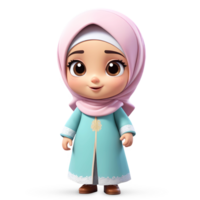 3d representación pequeño niña en hijab dibujos animados personaje png