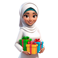 3d renderen jong vrouw in hijab tekenfilm karakter Holding cadeaus png