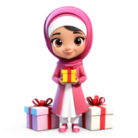 3d renderen weinig meisje in hijab tekenfilm karakter Holding geschenk png