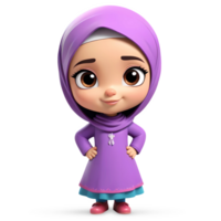 3d representación pequeño niña en hijab dibujos animados personaje png