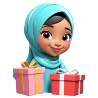 3d Renderização jovem mulher dentro hijab desenho animado personagem e presentes png