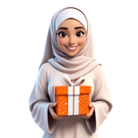 3d rendering young woman in hijab cartoon character holding gift png