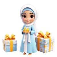 3d Renderização pequeno menina dentro hijab desenho animado personagem segurando presente png