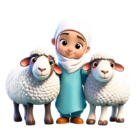 3d rendering little girl cartoon character with two sheeps png