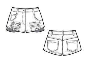 black and white illustration of jean shorts. Clothes in denim style. vector