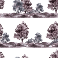 Aquarell Landschaft mit Feld, Wiese, Gebüsch, Bäume, Hügel monochromatisch gestreift nahtlos Muster. Jahrgang ländlich Natur Clip Art zum Verpackung Etikette Hand zeichnen Illustration Hintergrund png