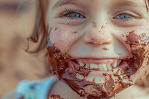 A young girl is covered in chocolate and is smiling photo