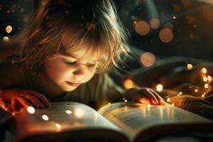 un joven niña es leyendo un libro en un tenuemente iluminado habitación foto