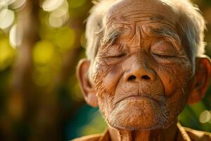 An old man is sitting in a park, looking at the camera photo