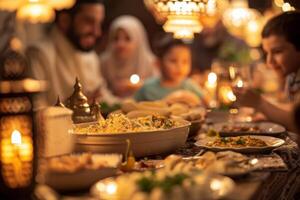 A family is gathered around a table with a variety of food photo