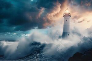 A lighthouse is in the middle of a stormy sea photo
