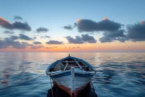 A small boat is floating in the ocean with the sun setting in the background photo