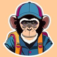 monkey sticker with backpack and hat vector