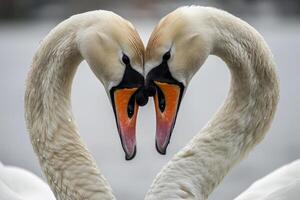 Two swans are facing each other with their beaks touching, forming a heart shape photo