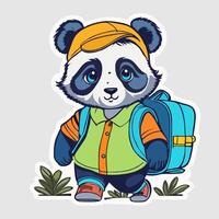 pegatina panda con mochila y sombrero vector