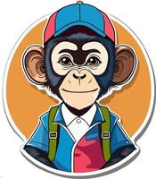 monkey sticker with a cap and backpack vector