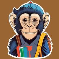 monkey sticker with a hat and backpack vector