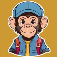 monkey sticker with backpack and cap vector