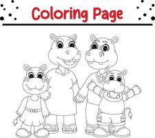 contento hipopótamo familia colorante libro página para niños vector