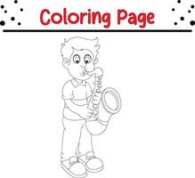 boy play saxophone coloring book page for kids vector