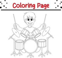 Little boy playing drum coloring book page for kids vector