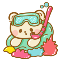 Handdrawn illustration Cute kawaii yellow teddy bear summertime beach summer travel vacation clipart greeting card party invitation png
