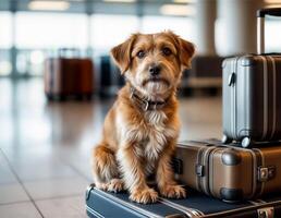 Cute dog waiting for flight at the airport. Travel concept. photo