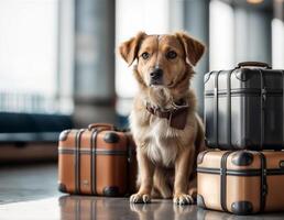 Cute dog waiting for flight at the airport. Travel concept. photo