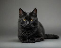 hermosa negro gato con amarillo ojos en un gris antecedentes en el estudio foto