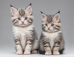 Two cute little kittens sitting on grey background, front view. Studio shot photo