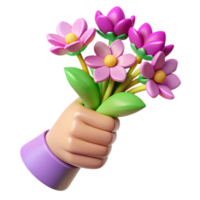 3d illustration of a hand holding a bouquet of vibrant pink flowers, ideal for digital content, greeting cards, and creative projects png