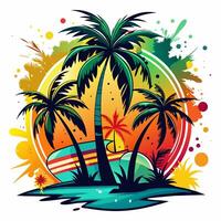 Summer design with palm trees on color splash sticker concept on white background,print design on t-shirt vector