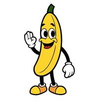 banana character waving retro cartoon hand. Vintage illustration. Nostalgia for the 70s, 80s vector