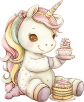 cute unicorn sitting drinking tea and eating mooncakes watercolor png
