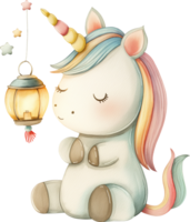 Cute unicorn with a lantern necklace watercolor png