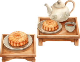 Moon cakes placed on plates and teapots, 2 placed on wooden trays png