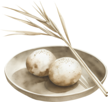 Two Tsukimi dango on a small plate, with a single reed grass stalk placed elegantly behind the plate png