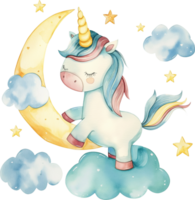 Cute unicorn creating stars in the sky to complement the moon watercolor png