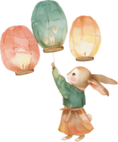 Mid Autumn Festival, Cute rabbit putting 3 sky lanterns png