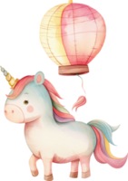 Cute unicorn through a sky lantern watercolor png